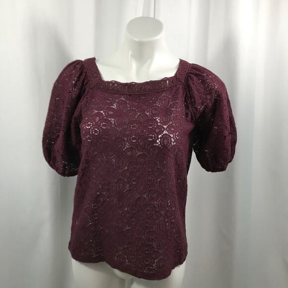 50% OFF Loft Blouse Lace Maroon Puff Sleeves Top Square Neck Extra Small - Picture 1 of 5